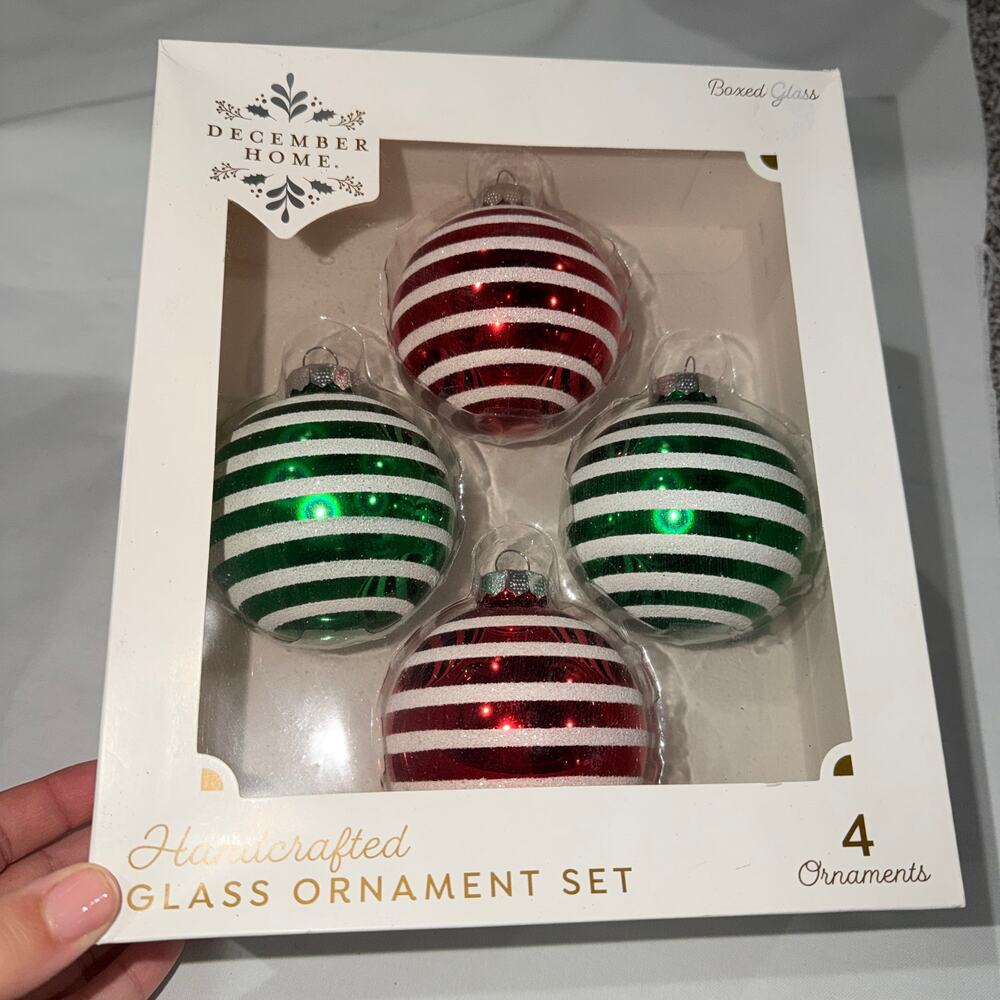 4pcs Christmas Tree Ornaments Handcrafted Glass Striped White, Red & Green, 3"